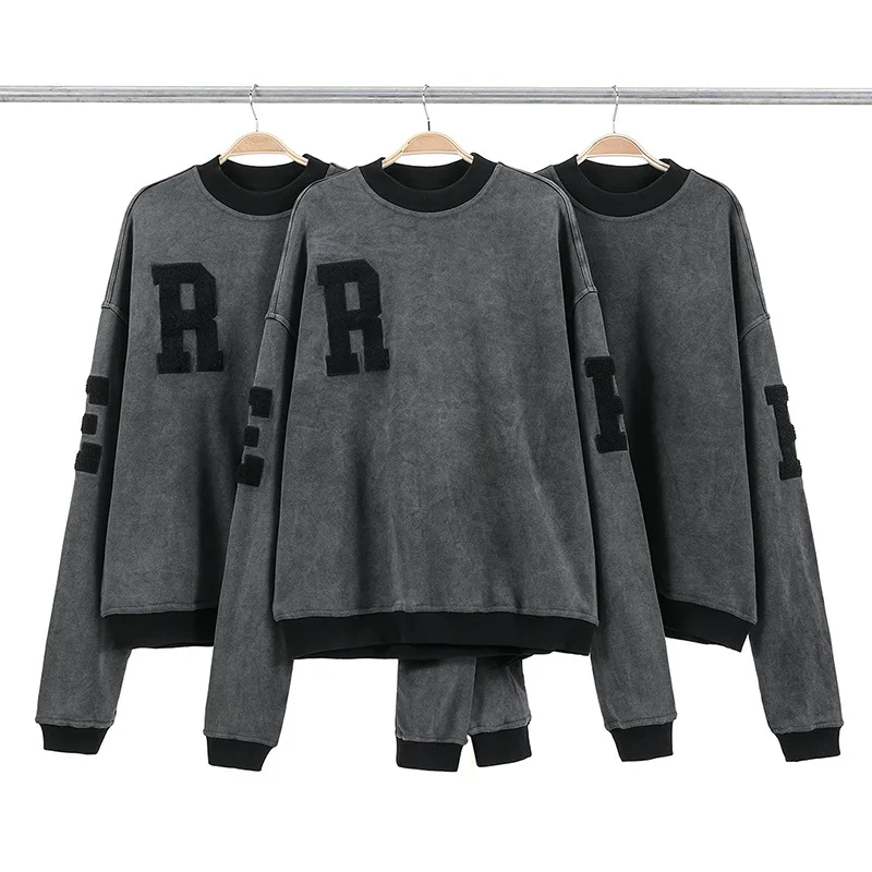 

Autumn Winter New High Street Retro Washed Hoodie Men Stitching Letters Towel Embroidered Trendy Brand Couple Round Neck Sweater