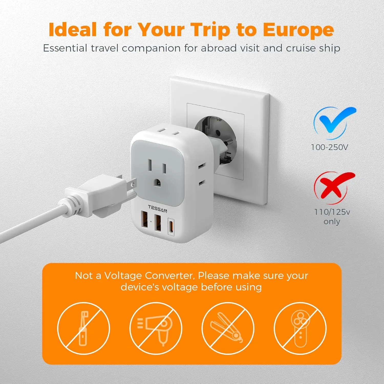 TESSAN EU Travel Plug Adapter with 4 AC Outlets 2 USB A Ports and 1 USB C Port EU Wall Plug Charger with Foldable To Spain
