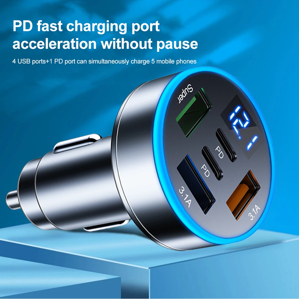 High-Power 5-Port USB Car Charger with Fast Charging Adapter