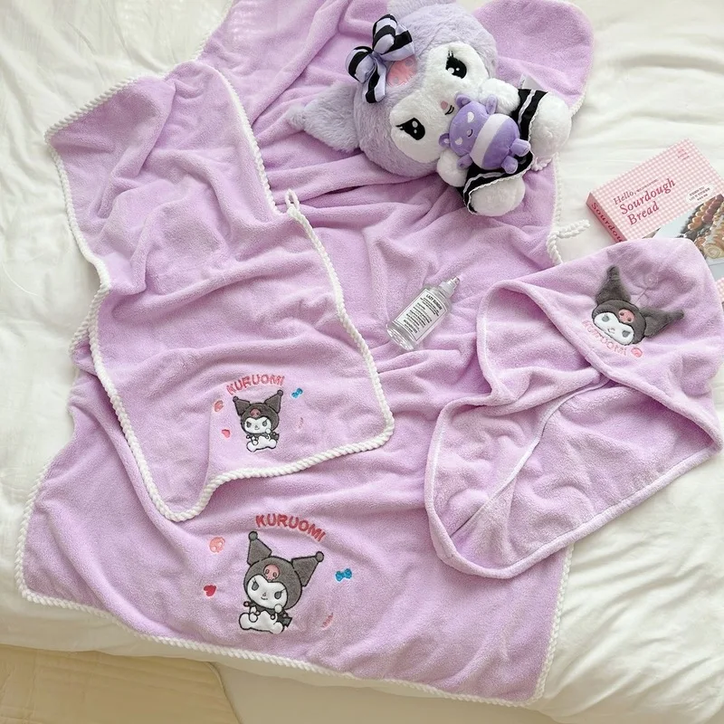 3pcs Sanrio Cinnamoroll Towel Bath Towel Bathing Cap Pochacco Melody Kuromi Girl Quick Drying Hair Cap Kid Beach Household