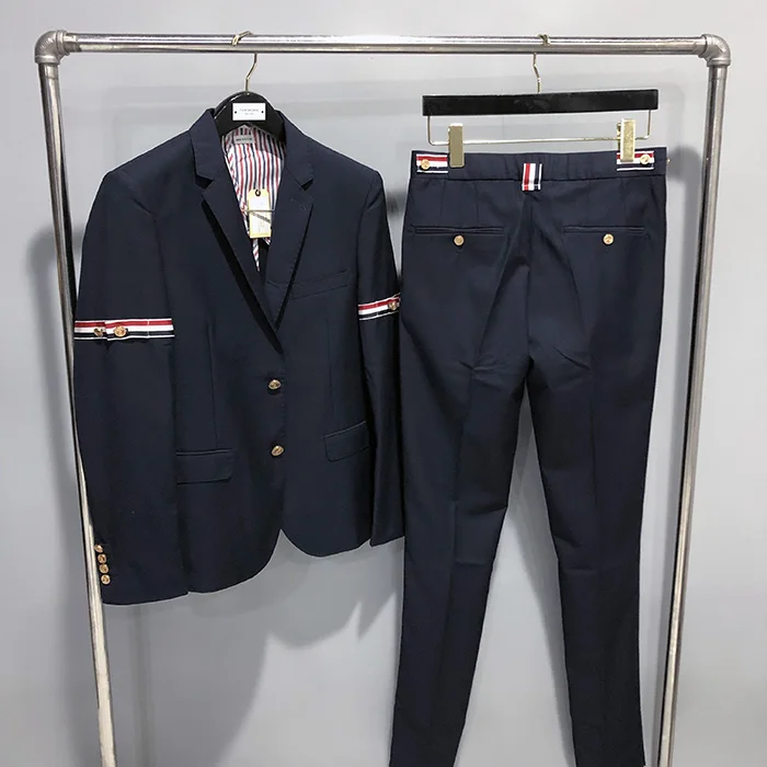 

High Quality Korean TB Suit with Red, White, Blue Webbing, British Style Three Color Ship Anchor Gold Buckle Short Suit Set