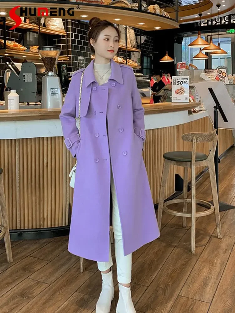 

Korean Style Gentle Purple Woolen Coat Women's New Long Sleeve Overcoat Autumn and Winter High-Grade Mid-Length Woolen Coat