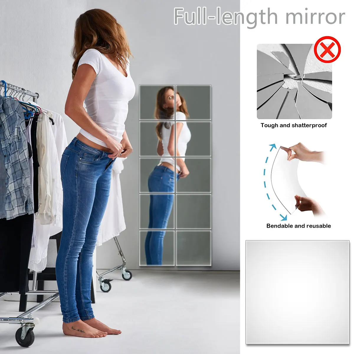 PET Ultra-thin Flexible Mirror Sheets DIY Tiles Mirror 10/20/30Pcs Mirror Sheets Self Adhesive Non Glass Mirror 12 x 12 Inch
