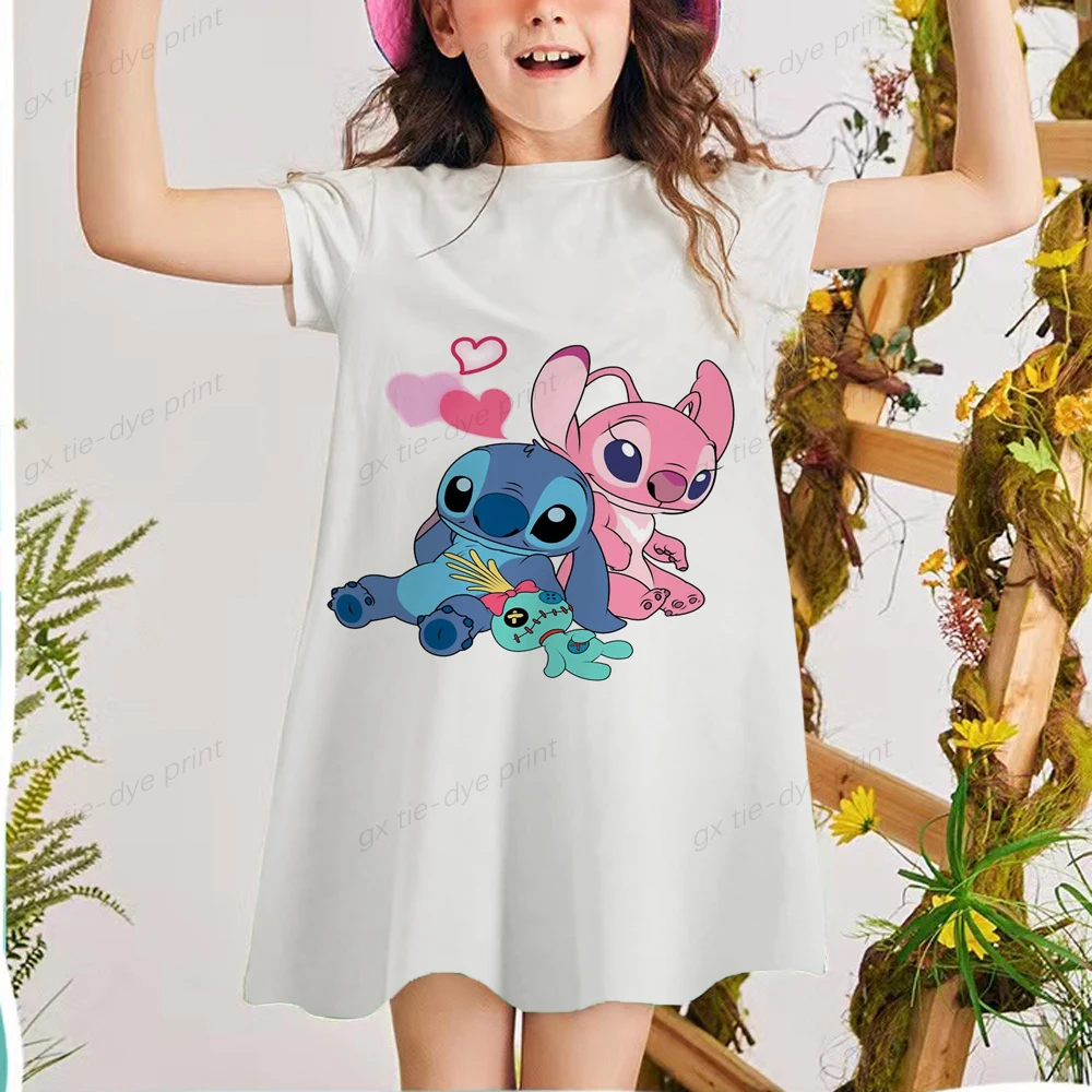 Robe imprimée Disney Stitch pour filles, robe de soirée pour adolescentes,  vêtements d'été, manches courtes, dessin animé, enfants de 2 à 12 ans