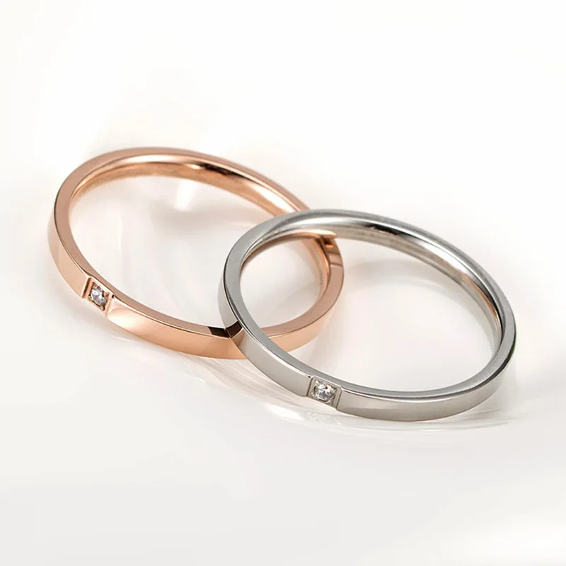 2mm Simple Titanium Steel Couple Rings Womens Wedding Band with Single Rhinestone US Size 4 5 6 7 8 9 10 couple rings