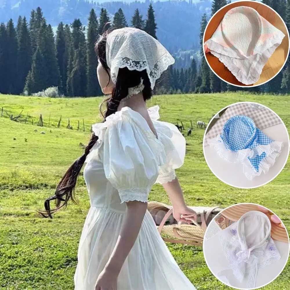 

Ins Pastoral Style Triangle Headscarf Hairhoop Lace Headband Lazy Person Lace Headscarf Hairhoop Headwear Grid Hair Accessories