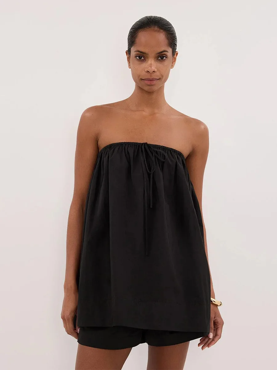 Bornladies Women's 2026 Spring Summer New Shorts 2-Piece Set Comfortable Ruched Strapless Off-Shoulder Top Casual Shorts Set