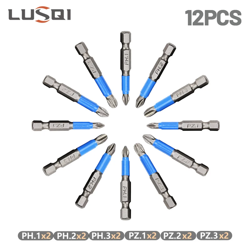 

LUSQI 12pcs Screwdriver Bits Set Anti Non-slip S2 Steel Magnetic Screw Driver Bit Electric Dril 50mm PH1/PH2/PH3/PZ1/PZ2/PZ3