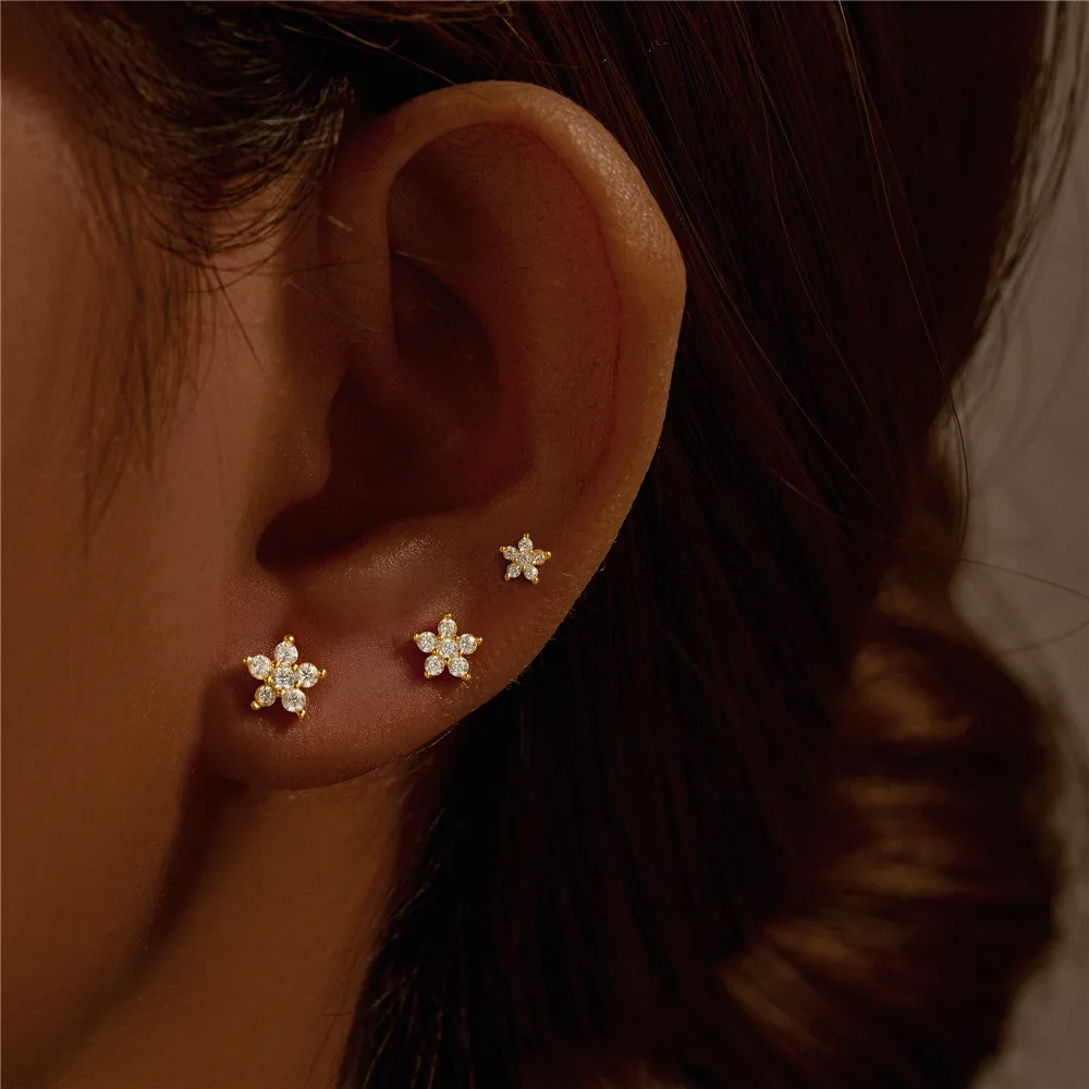 

CANNER 3PCS Set Petal Multi-size Zircon 925 Sterling Silver Stud Earring For Women 18K Gold Ins Piercing Earrings Fine Jewelry
