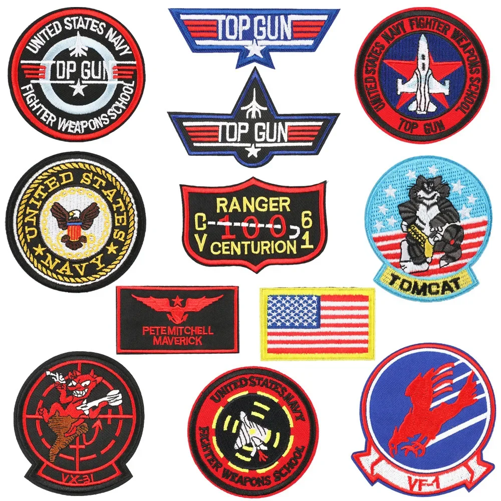 Top Gun Flight Badge Us Fighter Armi School Emblem Ricamo Iron On Patch Maverick Pilot Badge Per Uomo Giacca Cap Decorazione Fai Da Te