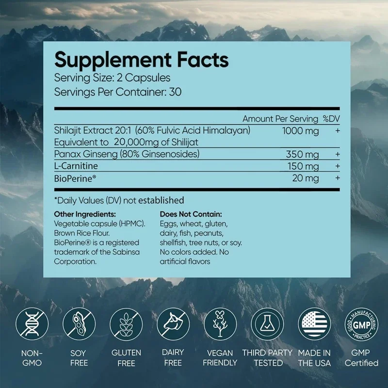 Shilajit Resin Supplements Pure Himalayan Shilajit Supplement 60 Capsules 60% Fulvic Acid 85 Trace Minerals Containing Ginseng and L-Carnitine