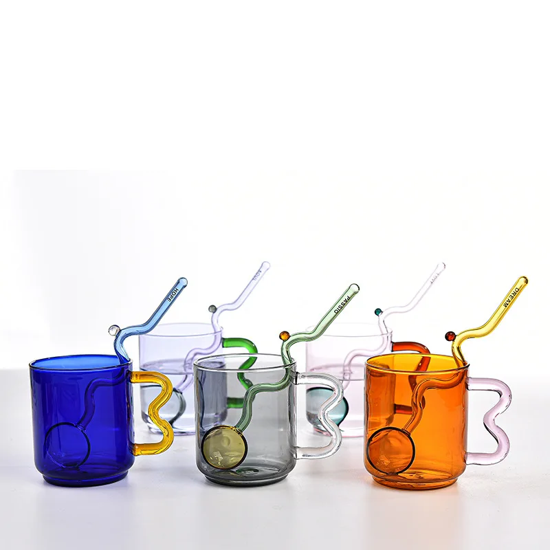 Creative Color Glass Water Cup with Handle Breakfast Milk Cup Heat Resistant High Borosilicate Drinking Glasses Spoon Cups