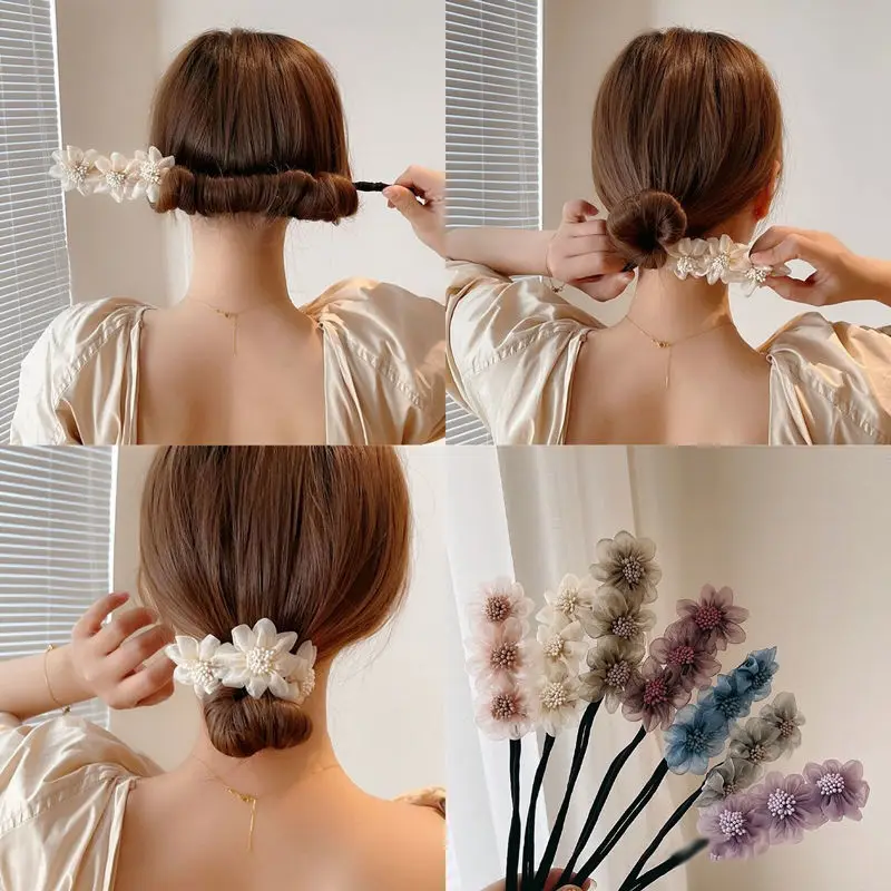 

Женский элегантный шифоновый цветочный пучок для волос Maruko, длинный инструмент для прически, милая веревка для волос, повязка для волос, корейские аксессуары