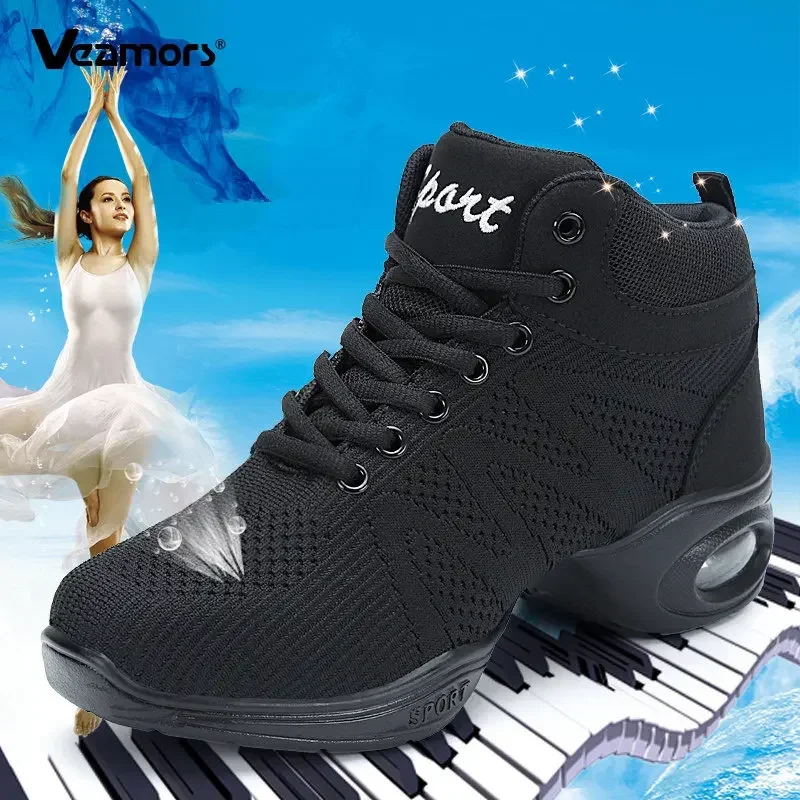 Women PU Soft Outsole Sneakers Comfortable Dance Shoes Breath Woven Mesh Modern Jazz Sports Feature Dance Sneakers