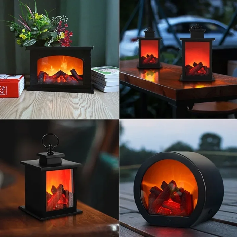 LED Fireplace Lamp Charcoal Flame Lantern Christmas Decoration Night Light for Home Courtyard Bedroom Living Room Tabletop
