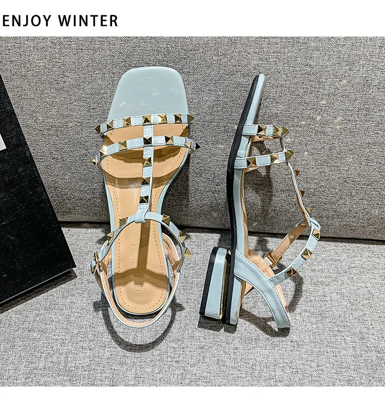2022 Summer low heel women rivets sandals thin ribbon fashion Korean design girls shoes large size wear slippers free delivery shoes in low heels