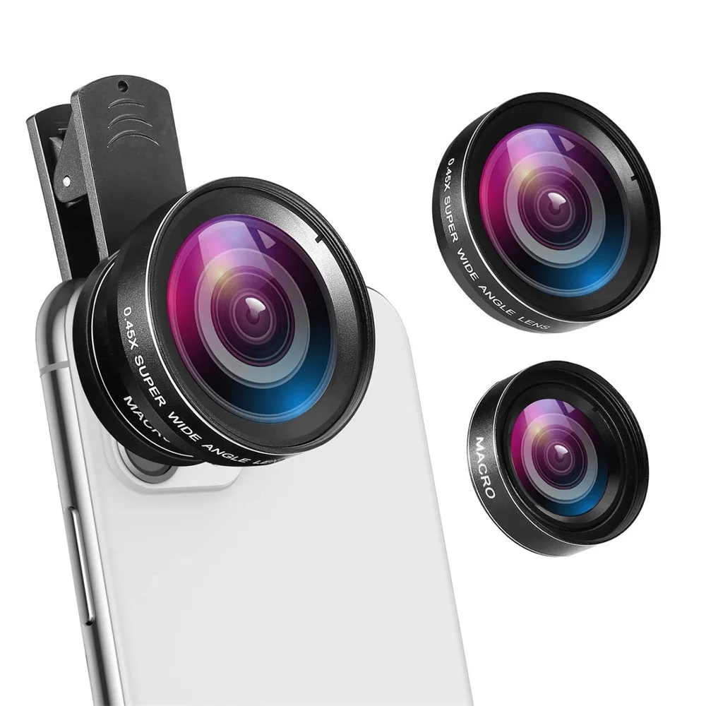 Description Picture 2 of item2 In 1 Professional Mobile Phone Camera Lenses Magnifiers Clip-on Fish Eye 15X Macro 0.45X Super Wide Angle Lens