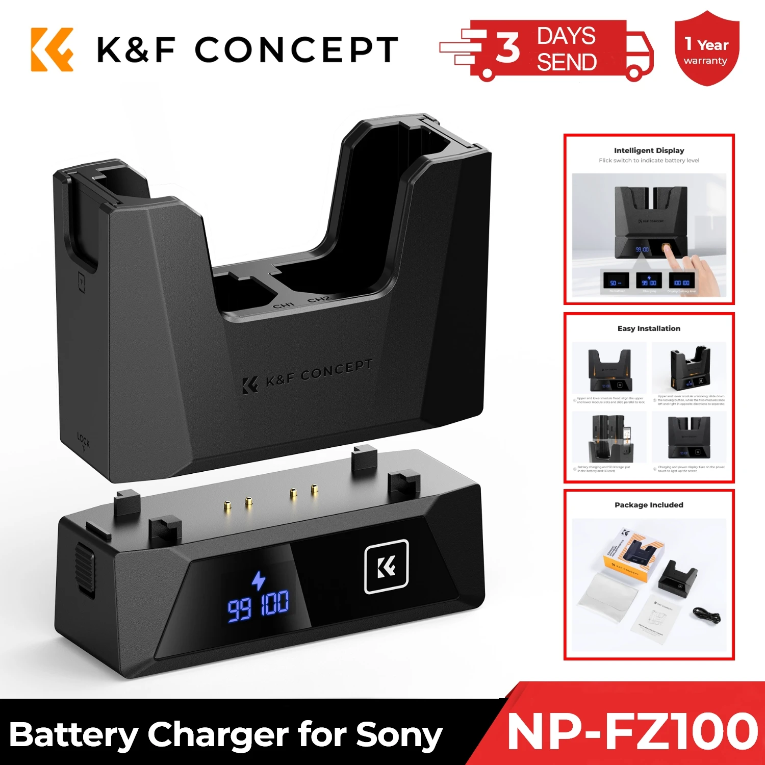 Chargeur Usb C K&F Concept NP-FZ100 Battery Charger Set For Sony