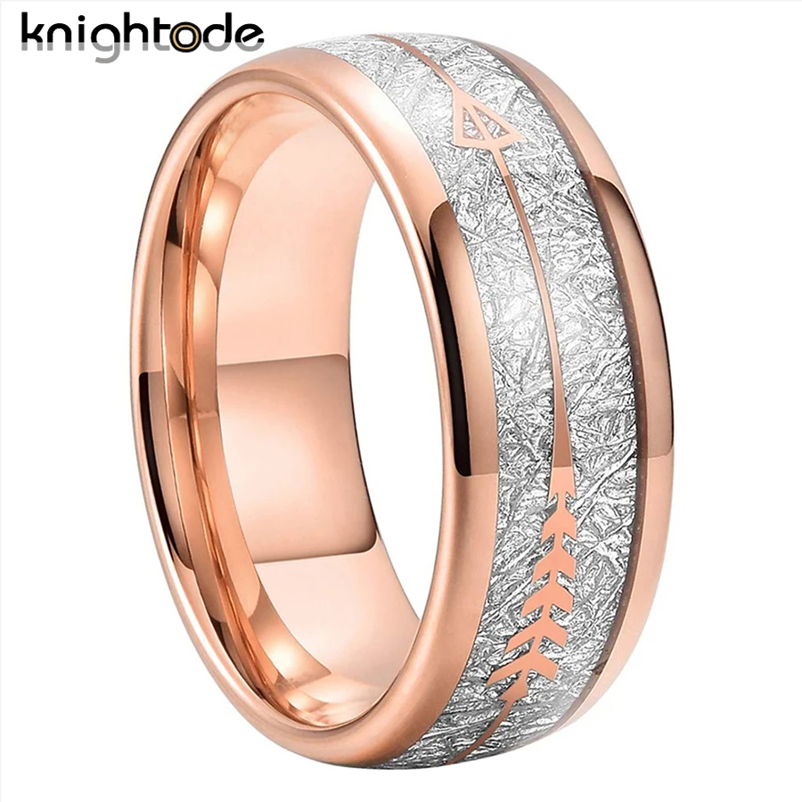 

8mm Tungsten Carbide Wedding Band Arrow And White Meteorite Inlay For Men Women Lovers Rings Dome Polished Comfort Fit