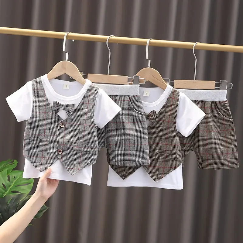 

Summer Children Baby Boys Cotton Clothes Infant Outfits Gentleman Bowknot Patchwork T-Shirt Toddler Fashion Clothing KIDS SUIT