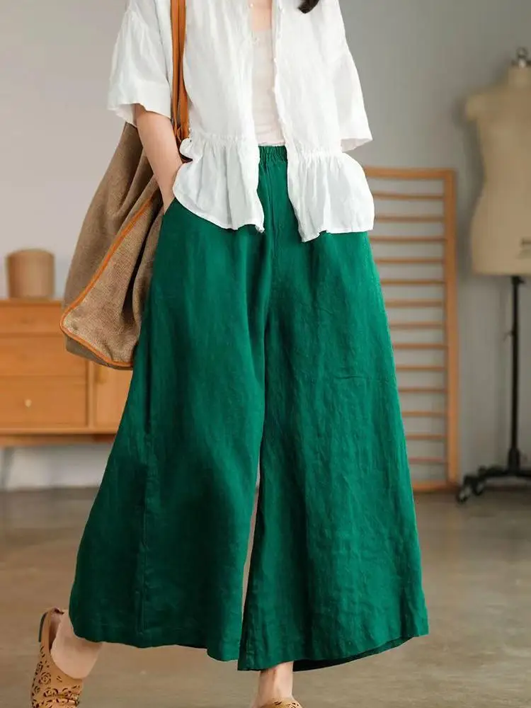 High Waist Cotton Linen Wide Leg Pants Women's New Summer 2025 Mom's High-End Drapey Slimming Linen Flax Nine Points Pants