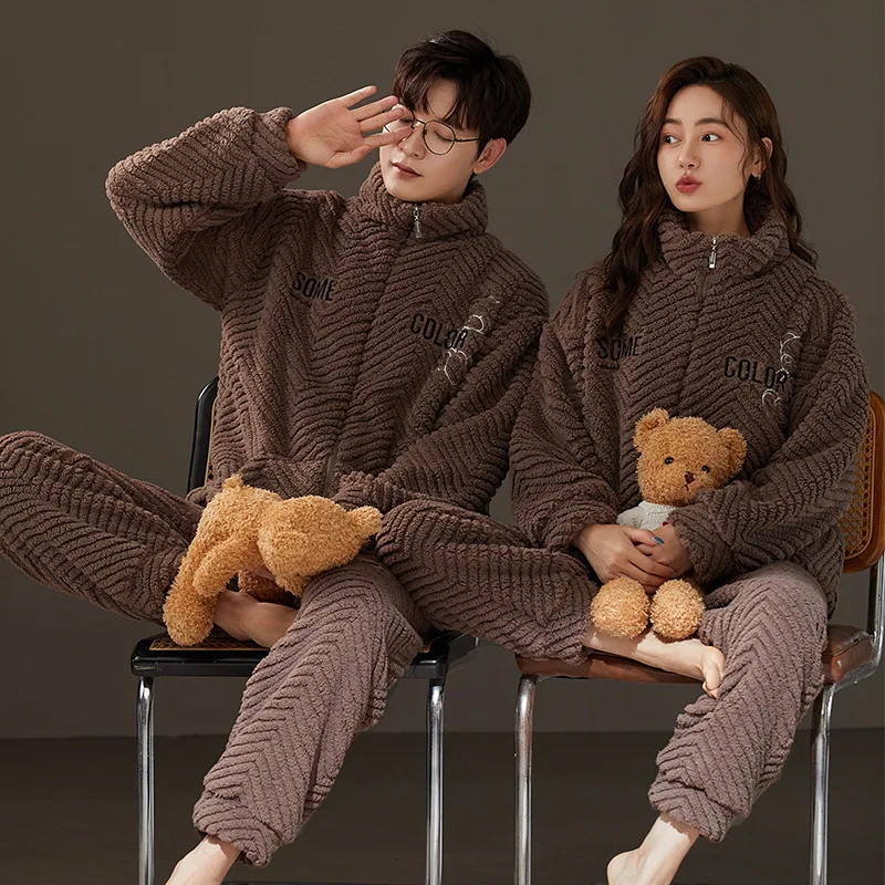 Couple Pajamas Women Flannel Sleepwear Winter Fleece Thick Warm Coral Fleece Men's Zipper Pijama Set Large size Homewear hombre