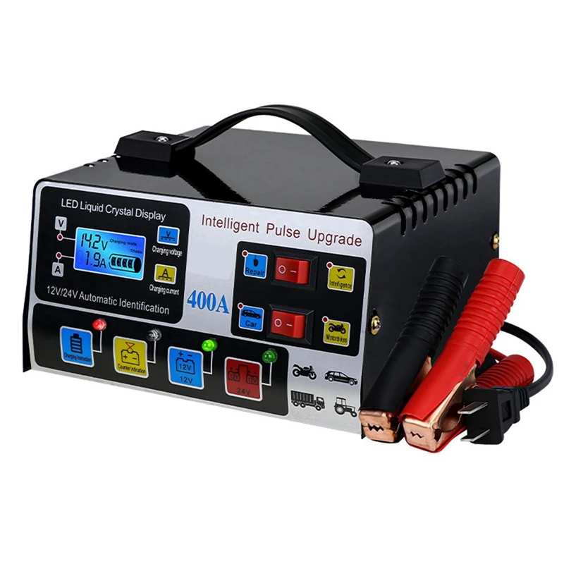 

2X Car Battery Charger Fully Automatic High Frequency Intelligent Pulse Repair Charger LCD Display 12V24V 220W US Plug