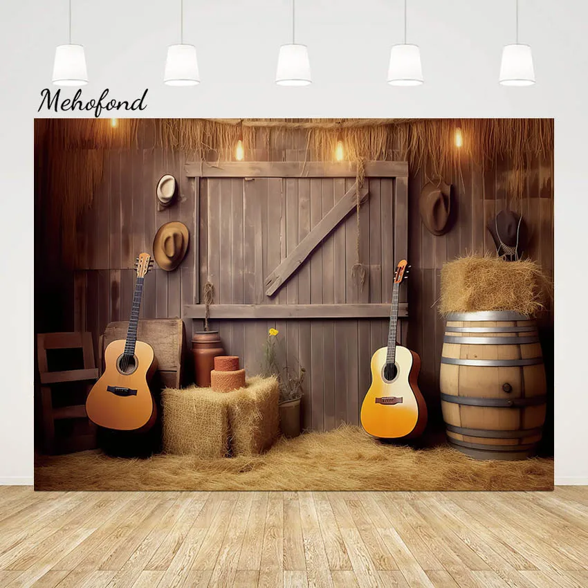 

Mehofond Autumn Warehouse Haystack Wood Barn Door Backdrop Western Cowboy Hat Guitar Baby Portrait Photography Background Photo