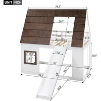 Twin Over Twin House Bunk Bed Frame with Roof,Window,Ladder and Slide for Boys Girls, White & Brown 1