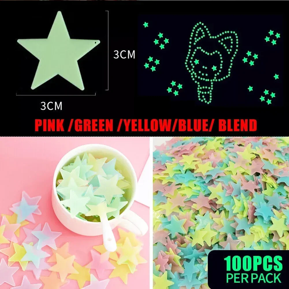 100Pcs Luminous 3D Stars Glow In The Dark Wall Stickers for Kids Baby Bedroom Ceilings Home Decor Fluorescents Star Stickers