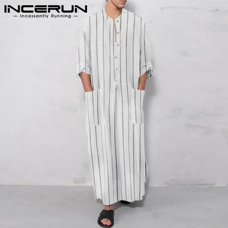 

Men Striped Muslim Jubba Thobe O-neck Long Sleeve Vintage Men Kaftan Islamic Arabic Robes Loose Pockets 2023 Male Caftan INCERUN