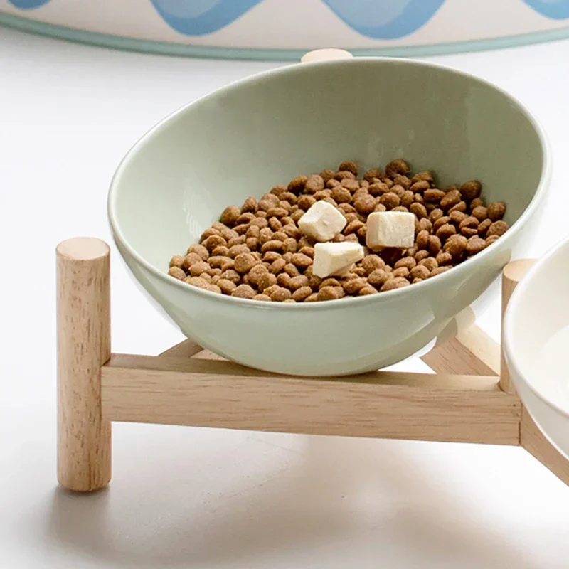 

Wooden Food With Stand Tilted Small Double Eating Water Puppy Drinking Bowls Elevated Feeders Pet Cat Ceramic Dogs