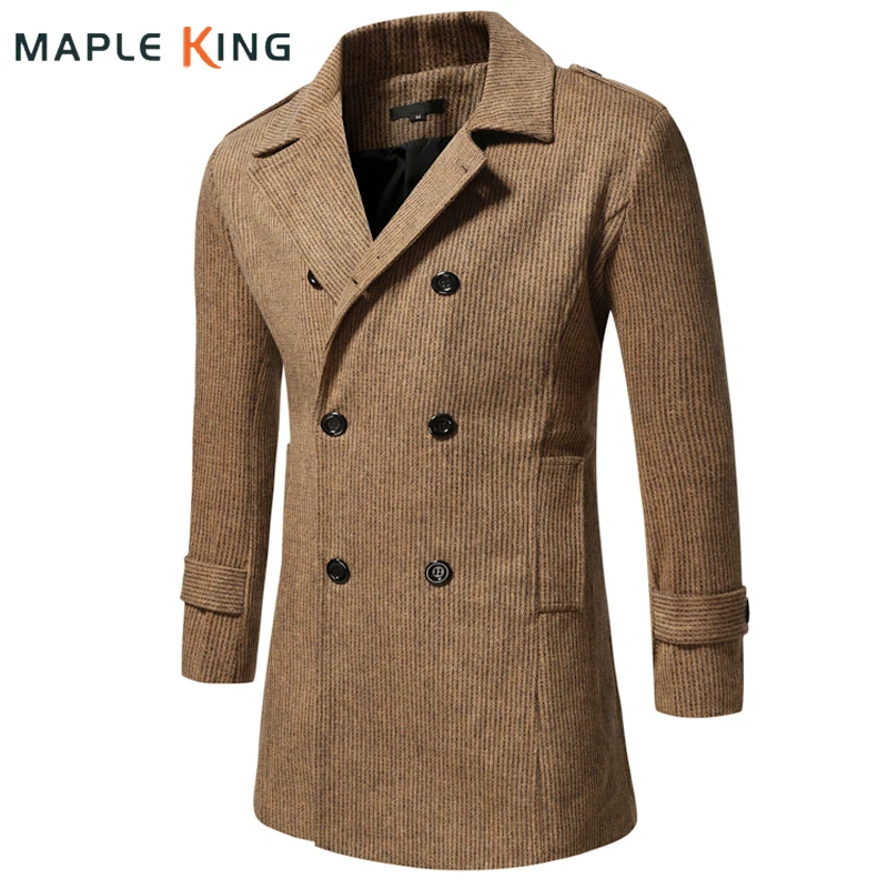 

Winter Men's Trench Windbreaker 2022 Vinatge Striped Double Breasted Woolen Blend Business Jacket Korean Coat Men Tweed Overcoat