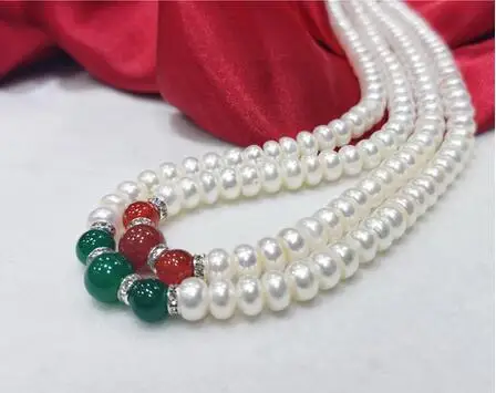 

noble jewelry 8 10mm red green black jade 8-9MM natural freshwater pearl necklace DIY women hot sale jewelry 45cm