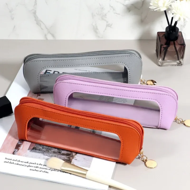 PU Pencil Case Portable Waterproof Transparent Cosmetic Bag Zipper Makeup Brush Storage Bag Sundries Organizers Stationery Gifts