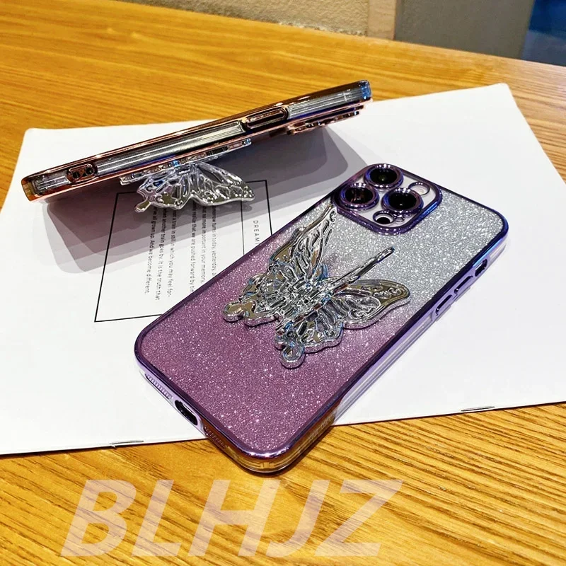 Elegant 3D Butterfly Glitter Bracelet Phone Holder Case