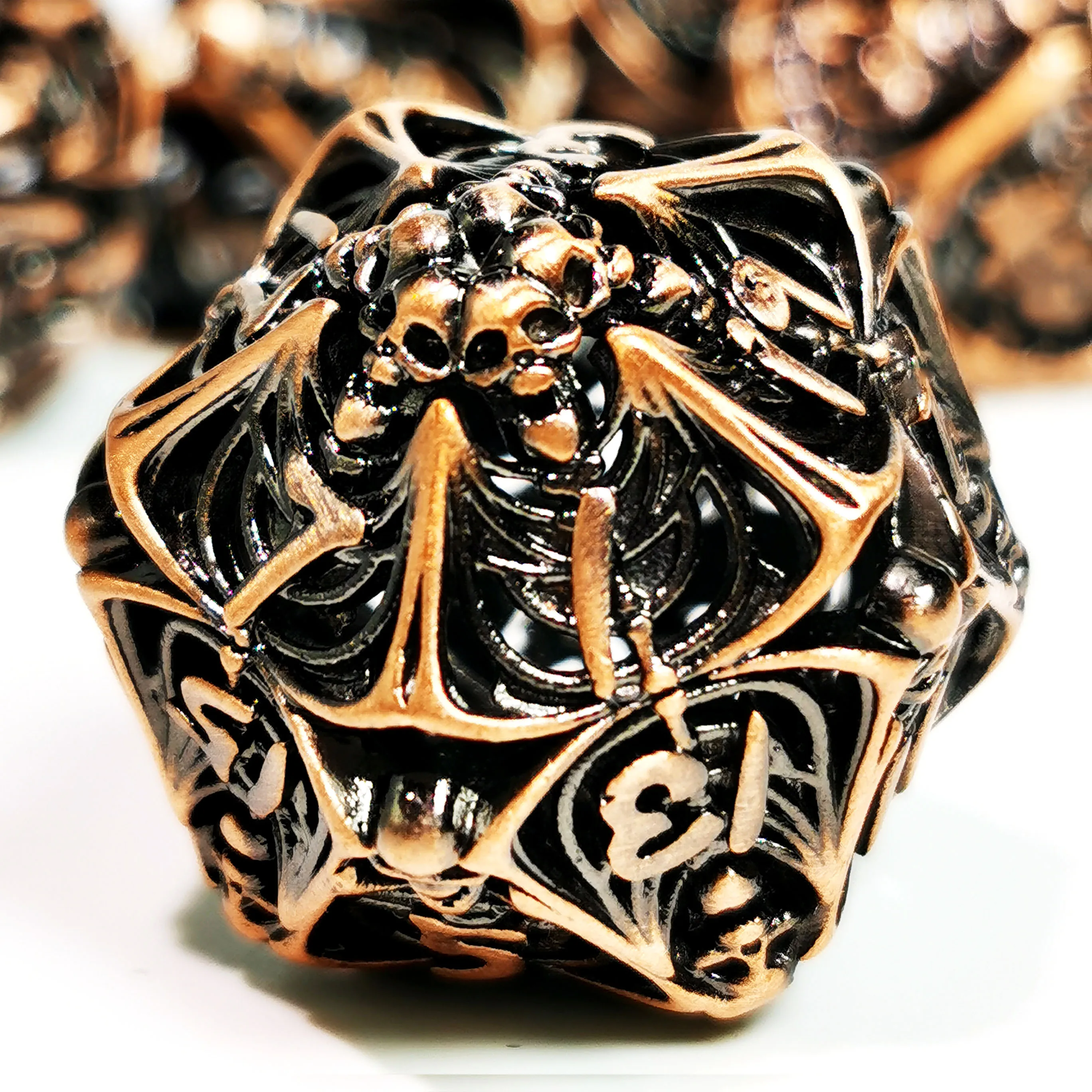DnD Metal Dice Set - Hollow Skull Design Zinc Alloy Dice, Copper Red 7pc Polyhedral RPG Dice Set for D&D 3