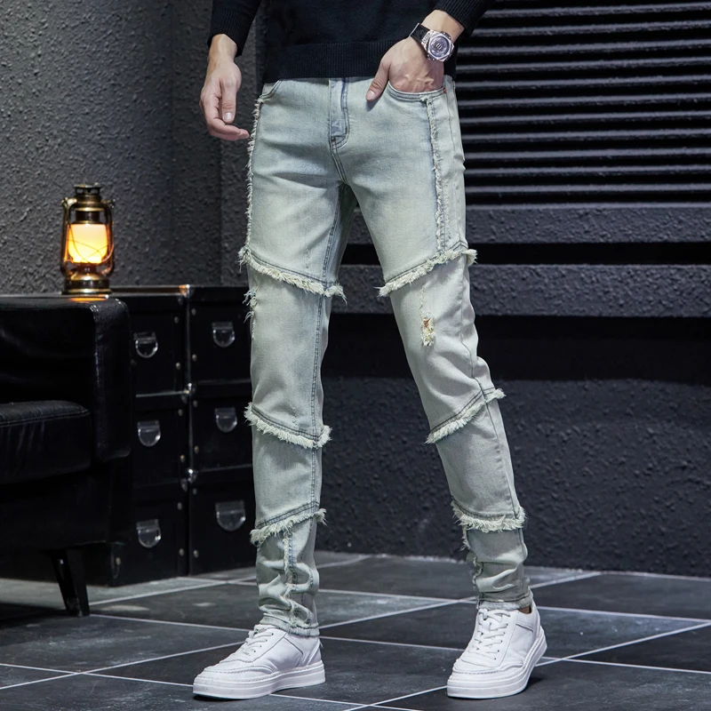 

American High Street Jeans Men's Vintage Washed Frayed Casual Fashion Stitching Trendy Slim Stretch Straight Trousers