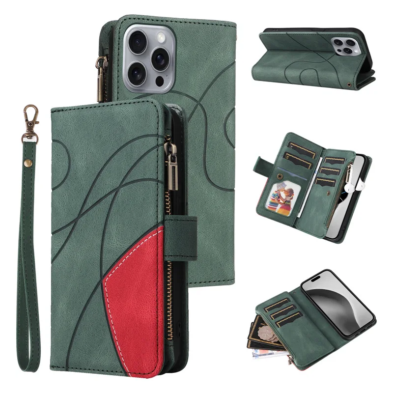 Luxury Zipper Leather Wallet Case with Card Holder and Lanyard