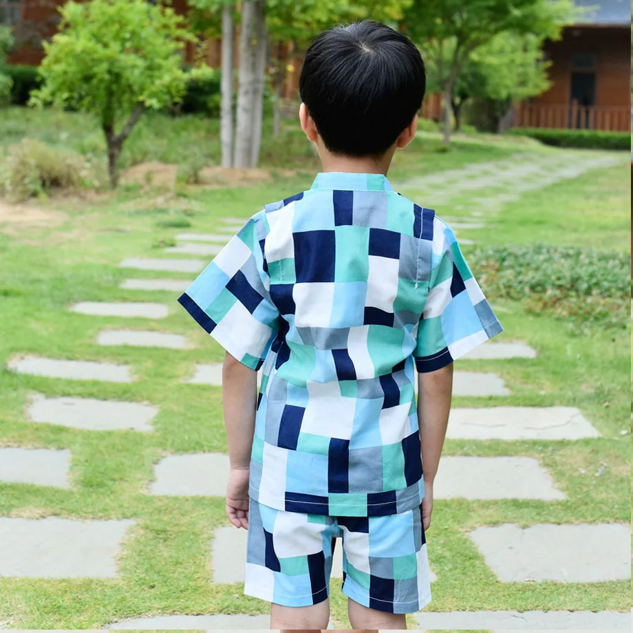 Japanese Cotton Children's Kimono Pajamas Set Boys Baby Short-Sleeved Creative Plaid Print Simple Sleepwear Pajamas Set LC827