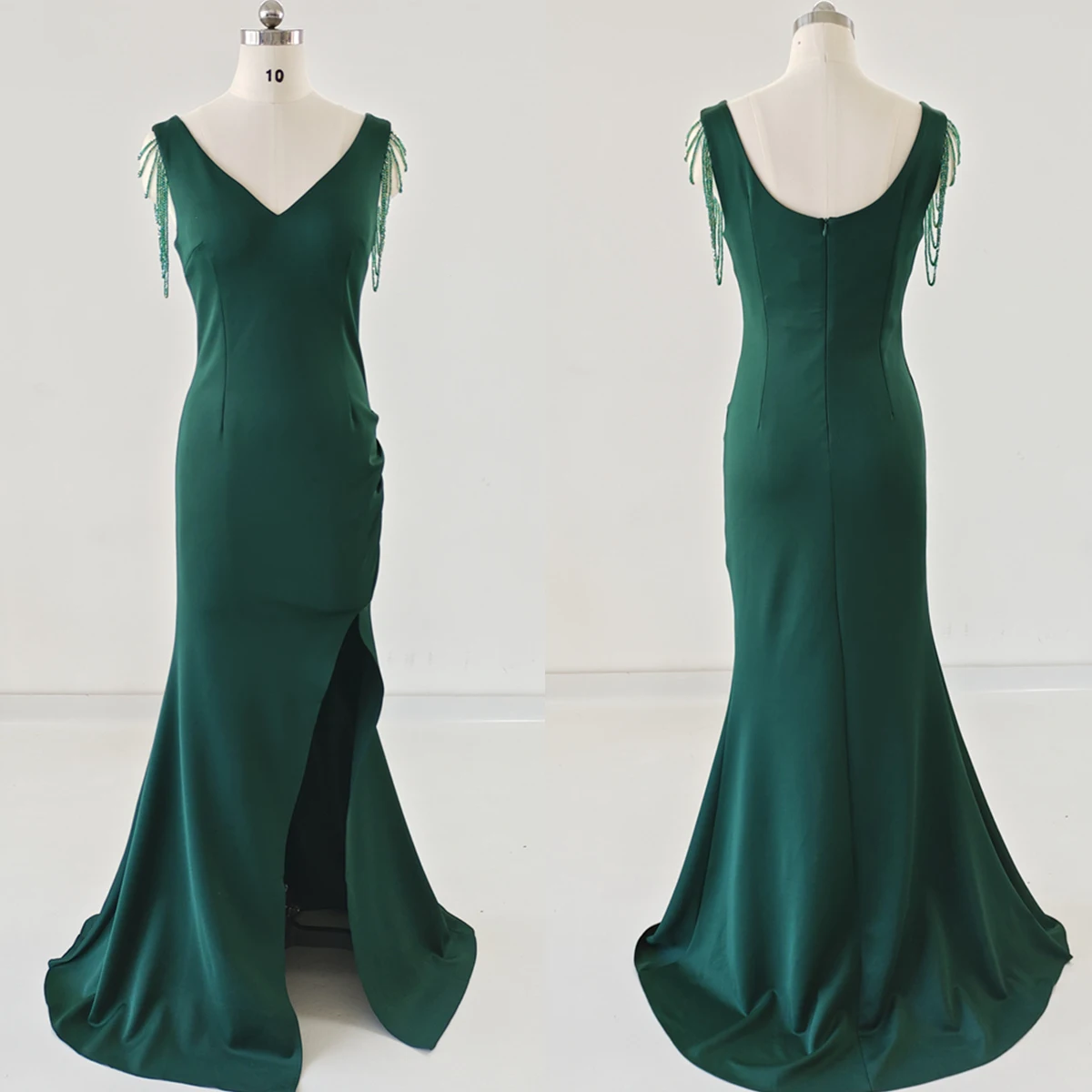 

Real Photo Evening Dresses Green V-neck Sleeveless Beads Backless Floor-Length Mermaid Trumpet Women Party Gowns Robe De Soiree