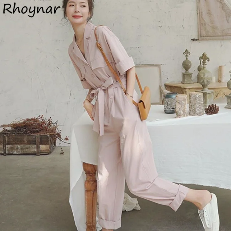 

Pink Jumpsuits Women Cargo Trousers High Waisted Bandage Korean Fashion Streetwear Teens Minimalist Pure Temper Design Cozy Ins