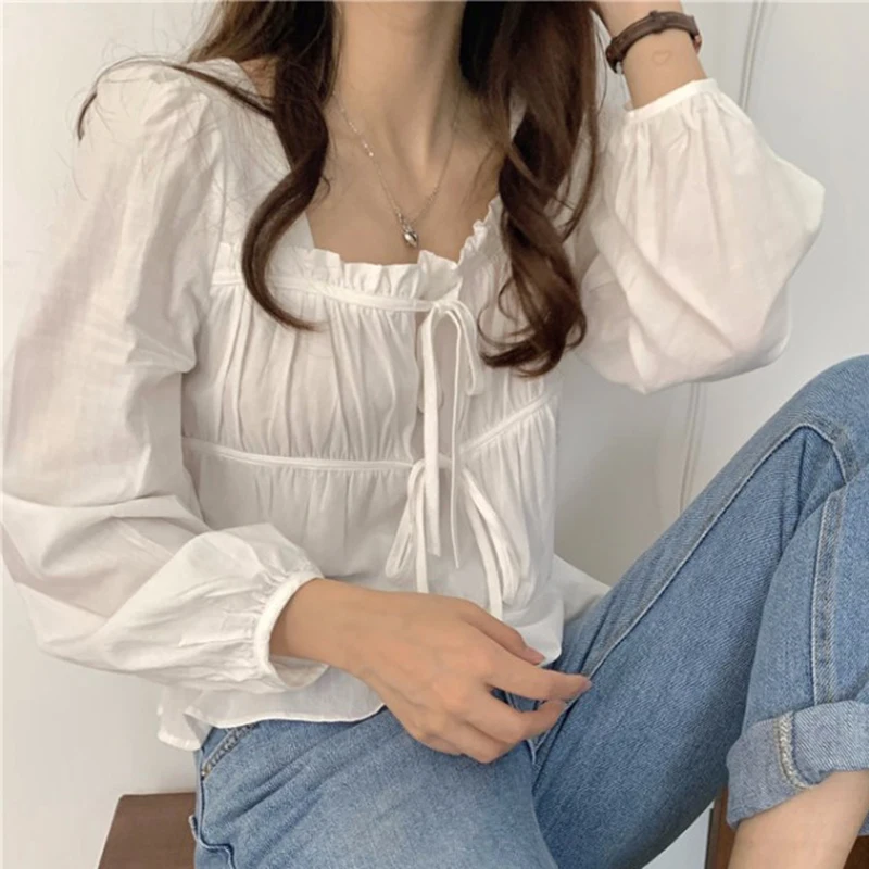 Fashoin New Vintage Loose White Blouse Women Casual Long Sleeve Ruffled Shirt Tops Fashion Square Collar Solid Lady Shirts 11700 3