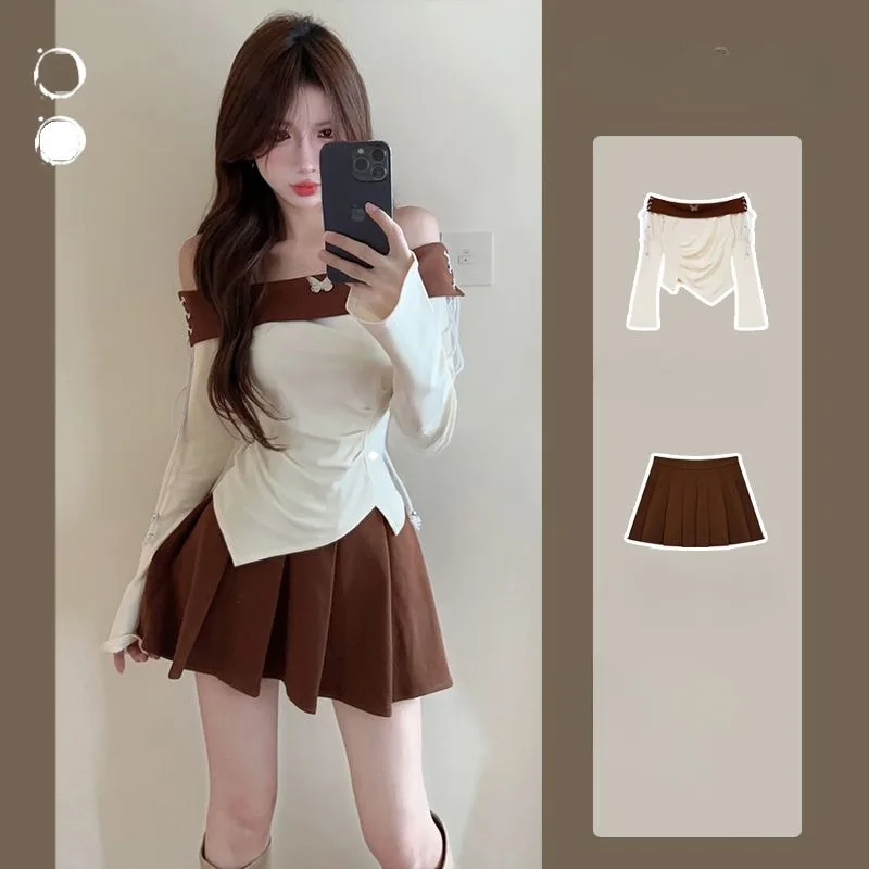 

Sweet Slash Neck Top Pleated Skirt Two-piece Set Women Fashion Spicy Girl Drawstring Collarbone Korean Solid Slim Spring Suit