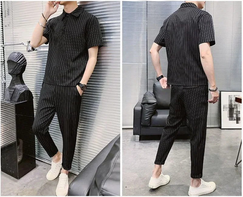 Summer Stripe Linen Men's Set Turndown Collar Short Sleeve T-Shirt Elastic Waist Ankle Length Casual Pants Two Piece Suit