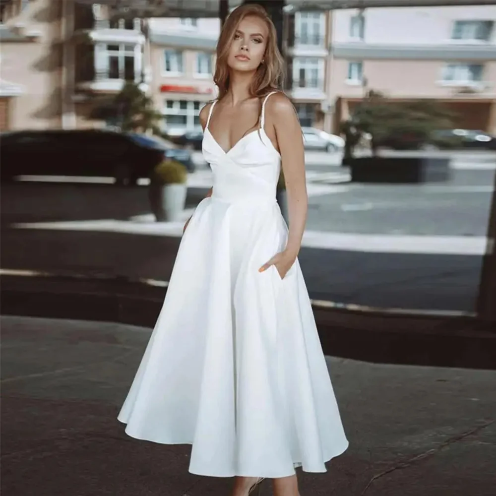 

Classy Short Spaghetti Straps Satin Wedding Dresses Sleeveless A Line Tea Length свадебное платье 2024