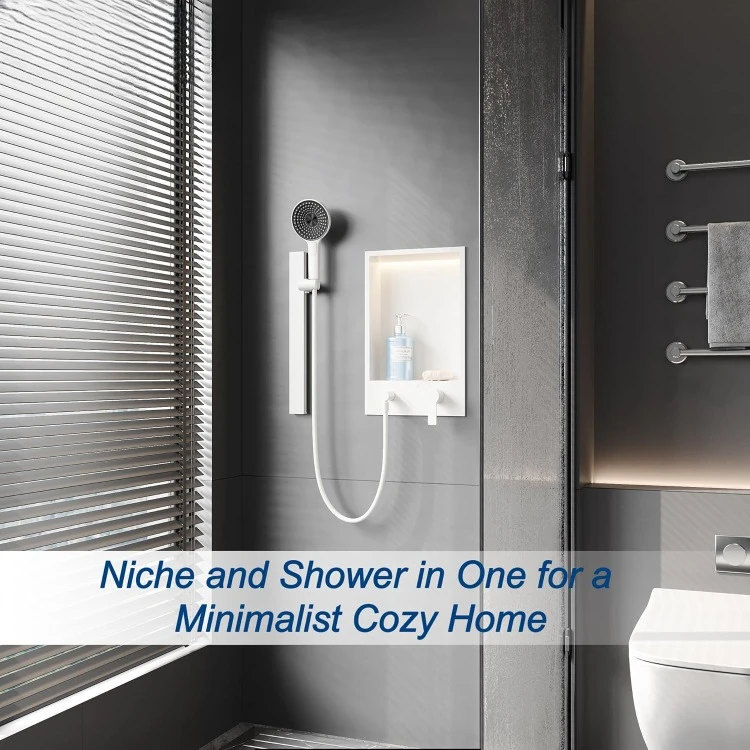 Shower Niche with Round Hand Shower, Sliding Bar and LED Light in Matte White/Vertical 6
