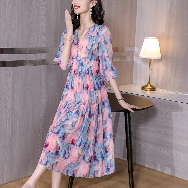 

2023 New Fashion Silk Printed Dress Women's Summer Versatile V-neck 5/4 Sleeve Loose Fit Leisure Party Dress Vestidos