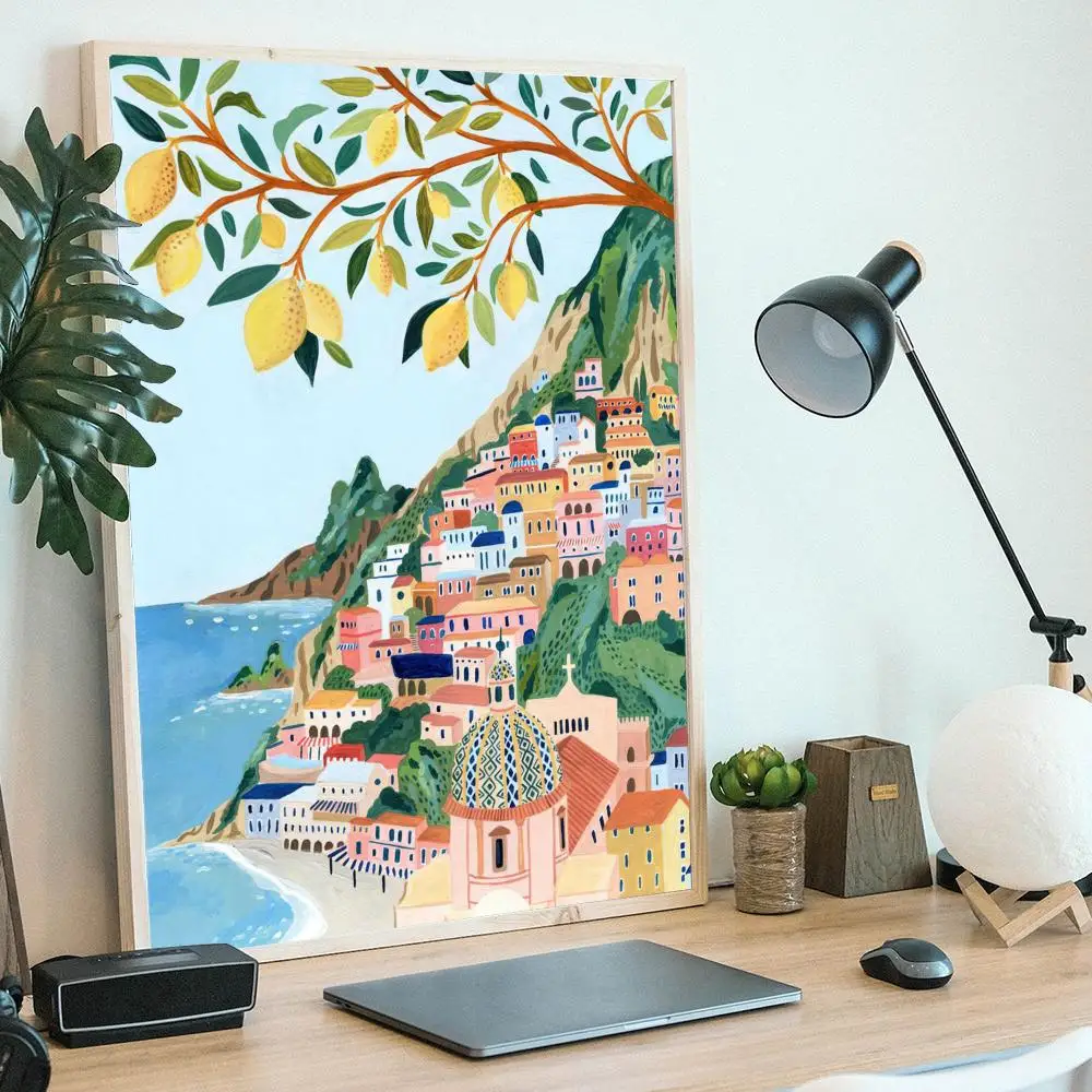 Landscape Nordic Posters And Prints Barcelona Santorini Positano Vintage Room Bar Cafe Decor Stickers Wall Painting