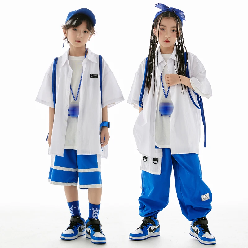 

Street Dancing Children Hip Hop Clothes White Shirt Blue Pants Boys Drum Loose Performance Outfit Girls Jazz Dance Wear BL10879